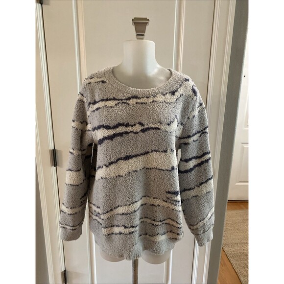 Barefoot Dreams CozyChic Hi-Low Pullover Blue/Cream Sweater -Size L - Picture 1 of 16